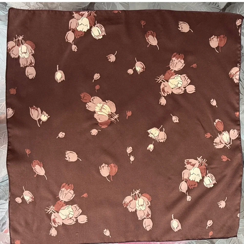 Vintage Floral Silk Scarf Brown Pink Tan Square Neck Scarf 20 Inch 0776